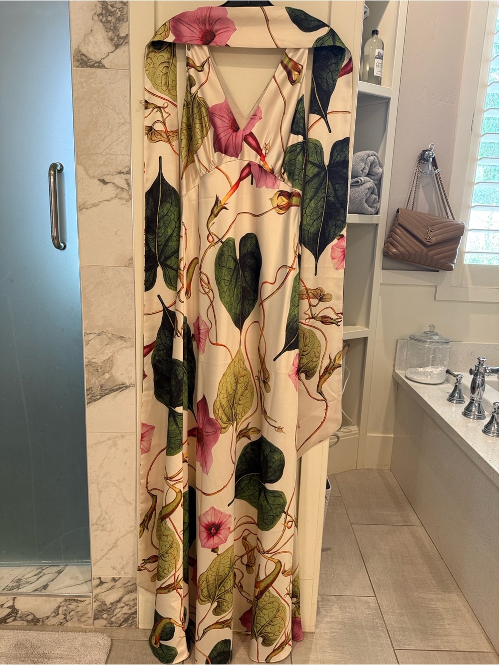Floral V-Neck Maxi Dress/Gown  in Cream with Pink & Green Print